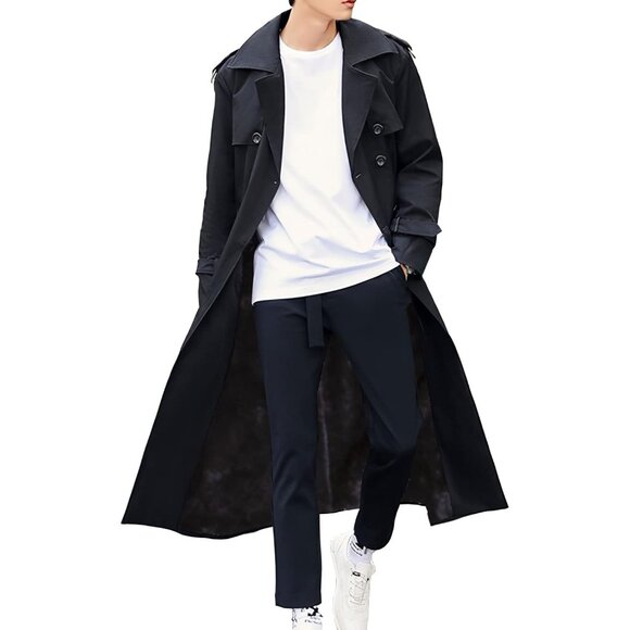 No Brand Other - 💫 Men Black Long Trench Coat Oversized Casual windbreaker Double Breasted Coat
